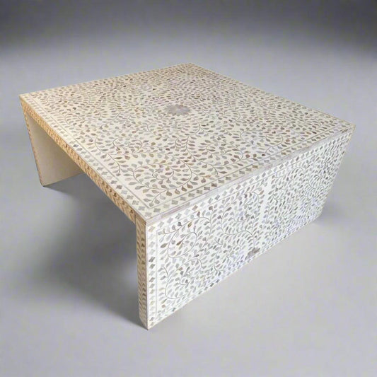 Mother of Pearl  inlay floral pattern wooden waterfall coffee table in white