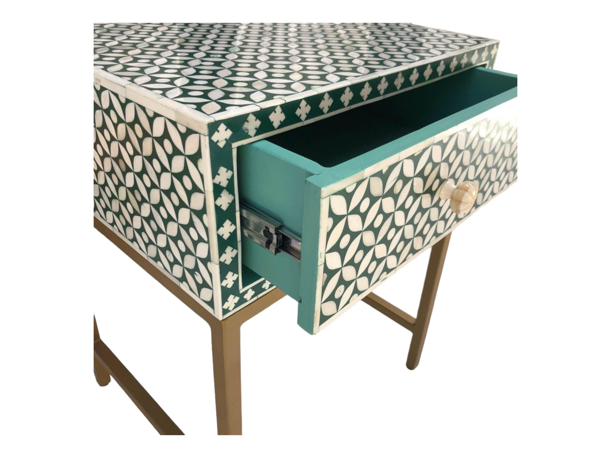   Heritage inlay morocco pattern wooden one drawer bedside / nightstand / side table with golden stand