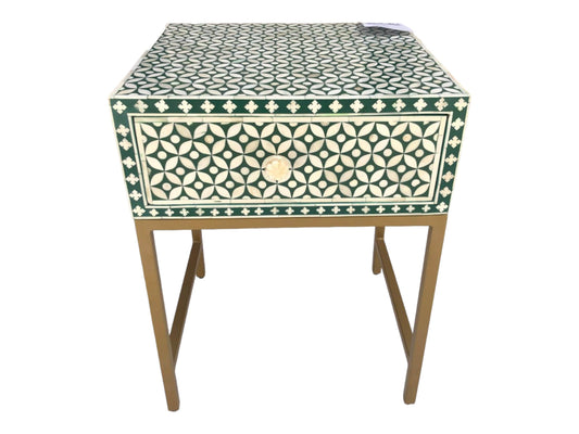   Heritage inlay morocco pattern wooden one drawer bedside / nightstand / side table with golden stand
