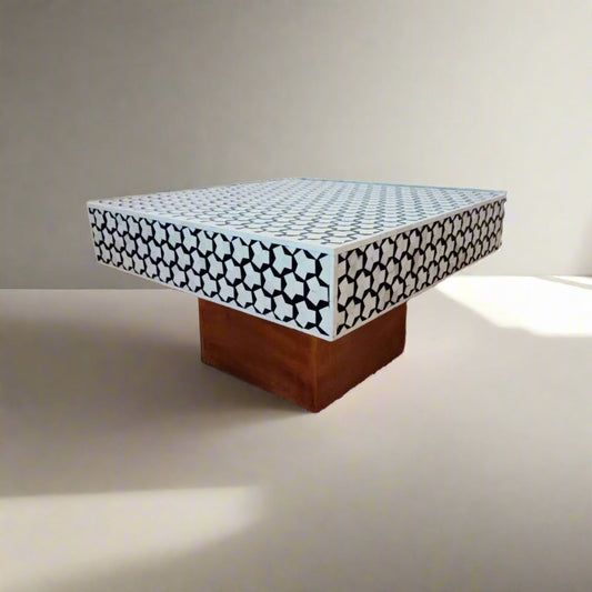   Heritage inlay geometric pattern with brass base on wooden square coffee table 