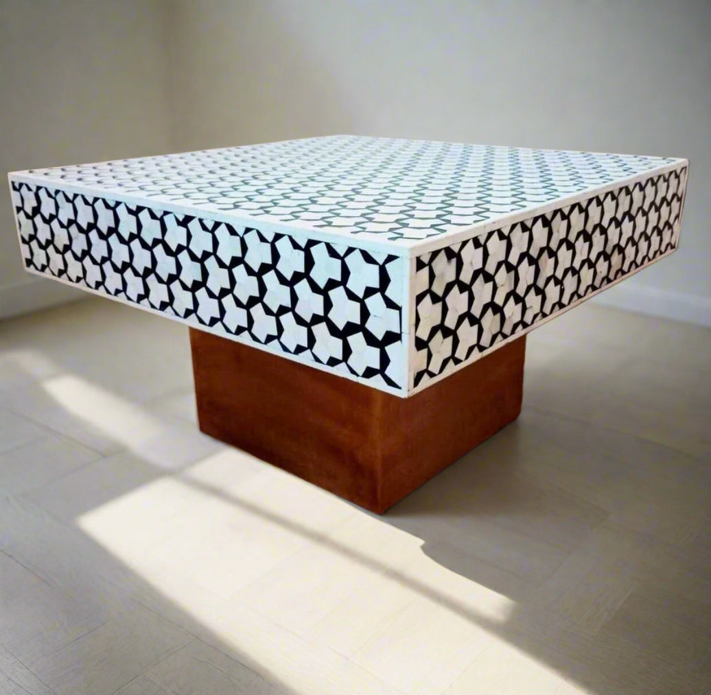   Heritage inlay geometric pattern with brass base on wooden square coffee table 