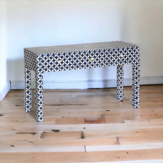 Heritage  inlay geometric  pattern three drawer wooden console table