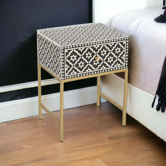   Heritage inlay morocco pattern wooden one drawer bedside / nightstand / side table with golden stand