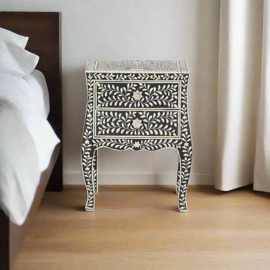 Riad inlay floral pattern two drawer curved style bedside / nightstand / side table