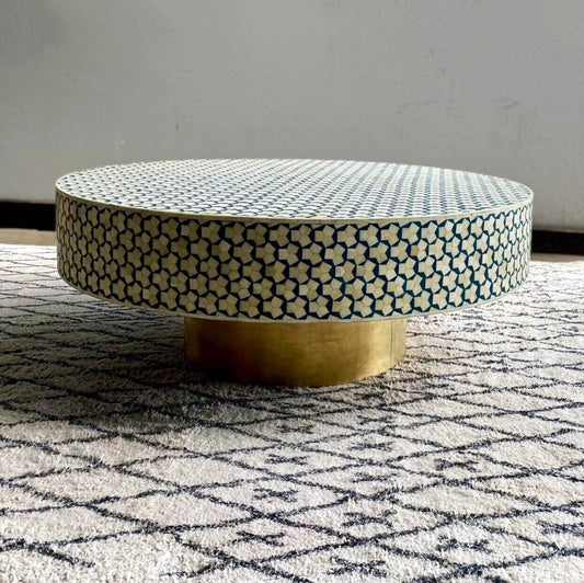 Heritage inlay targua pattern with brass metal base round coffee table
