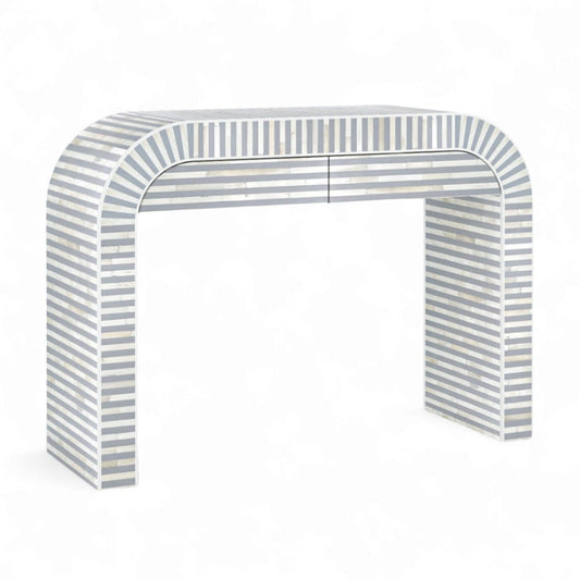  Heritage inlay Moroccan pattern with brass metal base legs wooden waterfall console table in Aqua