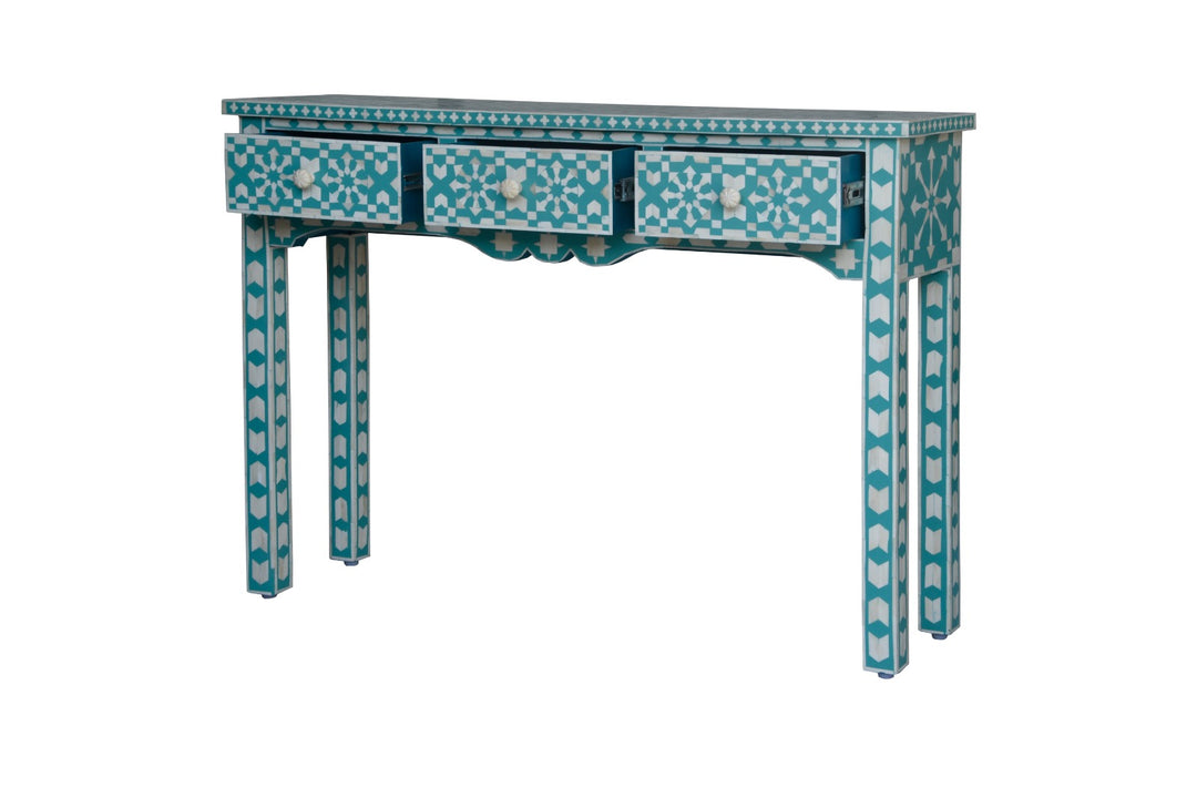 Heritage Inlay Moroccan Pattern Console Table with intricate geometric designs and drawers in a vibrant teal finish.
