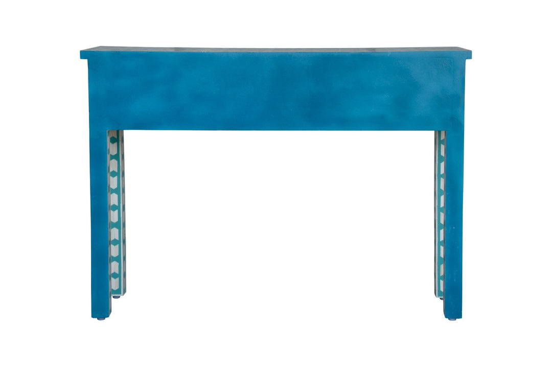 Heritage Inlay Moroccan Pattern Console Table in blue with sleek design and geometric artistry.