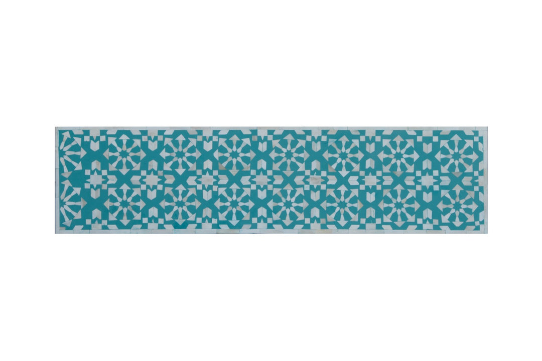 Heritage Inlay Moroccan Pattern Console Table showcasing intricate turquoise geometric designs.