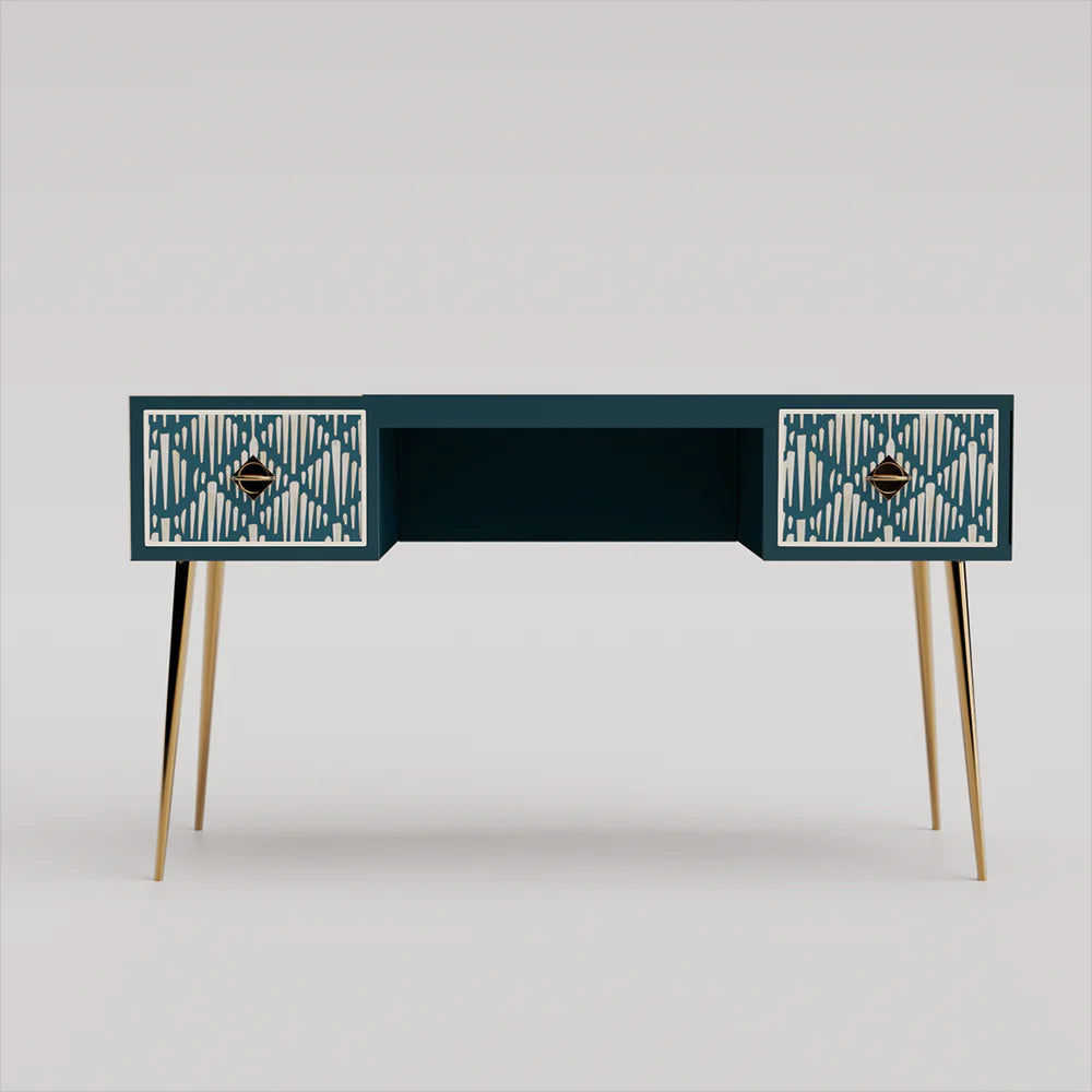 Heritage Inlay 2 Drawer Desk or Console Gold Coated Metal Legs